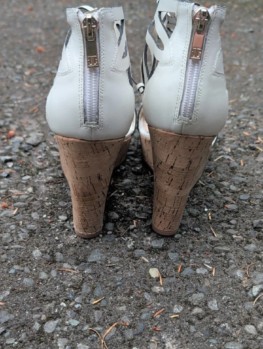 Ivanka Trump White Cutout Lace-Up Cork Wedge Sandals
